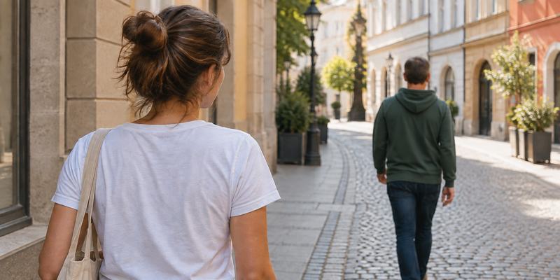 Na městské ulici jde žena za kolemjdoucím v zelené mikině, aniž by ho oslovila